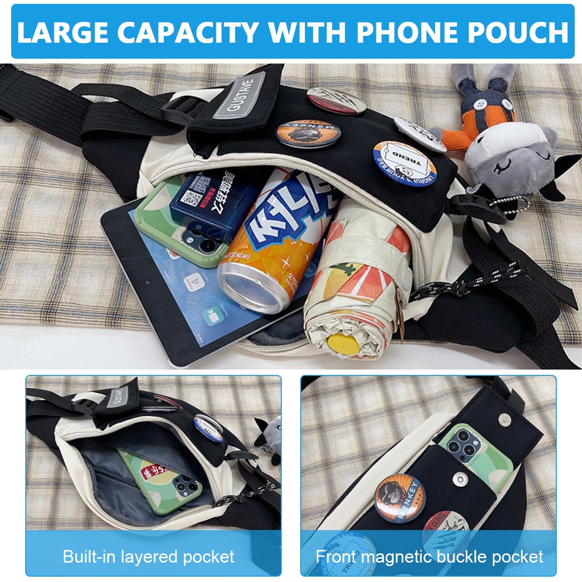 GUSTAVE Waist Bag for Men Women Multi Pouches Waist Pouch Fanny Pack Waist Pouch for Women Waterproof Chest Bag Side Bag with Adjustable Quick Release Strap for Hiking Travel Camping Running (Black) GUSTAVE Waist Bag for Men Women Multi Pouches Waist Pouch Fanny Pack Waist Pouch for Women Waterproof Chest Bag Side Bag with Adjustable Quick Release Strap for Hiking Travel Camping Running (Black)